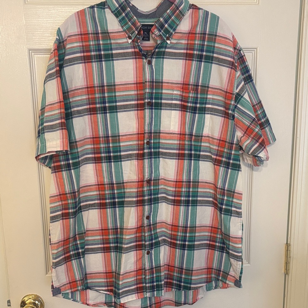 Lands' End Red and Green Plaid Button Down Shirt